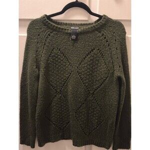 Wet Seal Sweater Womens Size S Olive Green Chunky Knit Argyle Crew Neck